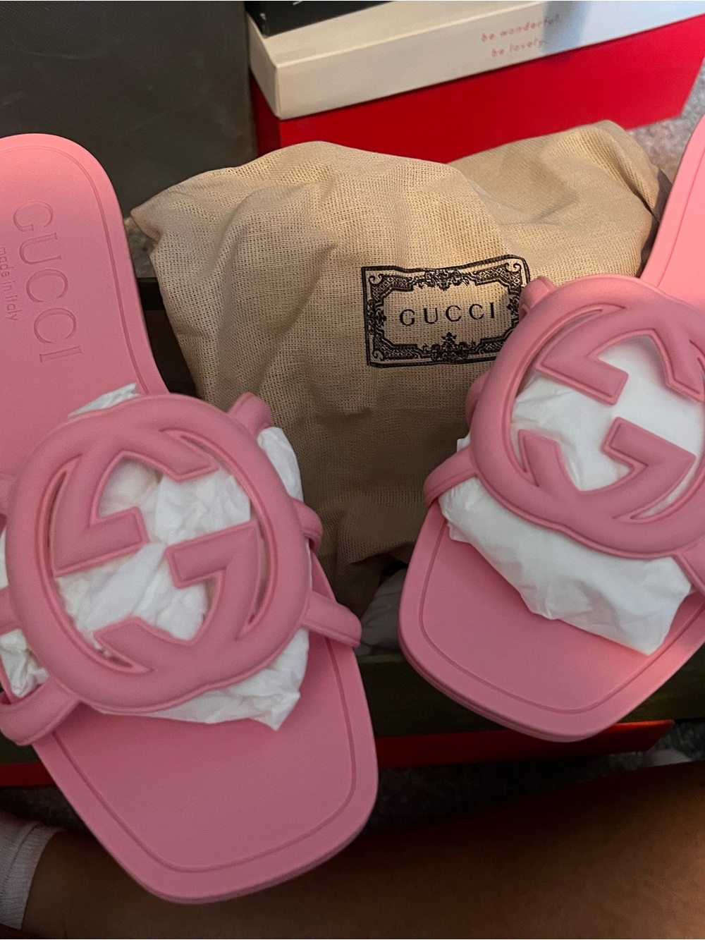 Gucci Pink Interlocking GG Rubber Slide Sandals Never Worn
